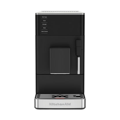 A KitchenAid automatic espresso machine in black with silver accents, shown from the front against a plain white background.