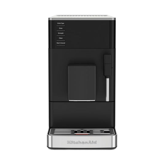 A KitchenAid automatic espresso machine in black with silver accents, shown from the front against a plain white background.