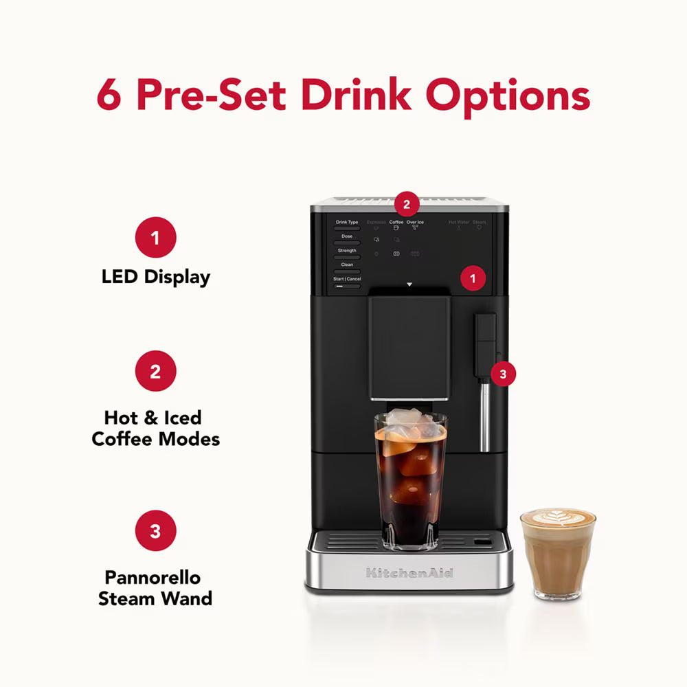 Coffee machine with features highlighted and two coffee drinks displayed on a white background