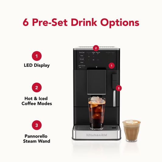 Coffee machine with features highlighted and two coffee drinks displayed on a white background