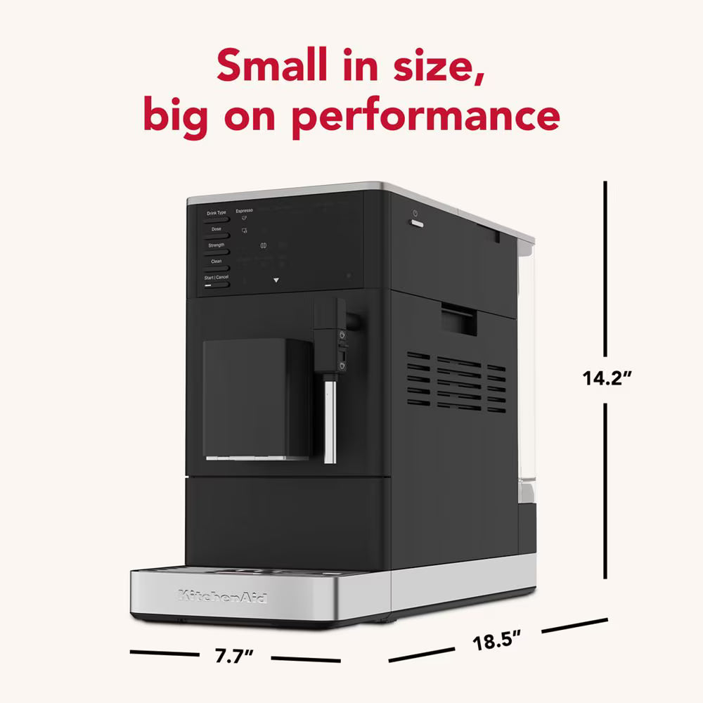 Black coffee machine with dimensions labeled on a white background
