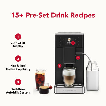 Coffee machine with features highlighted and examples of drinks on a white background