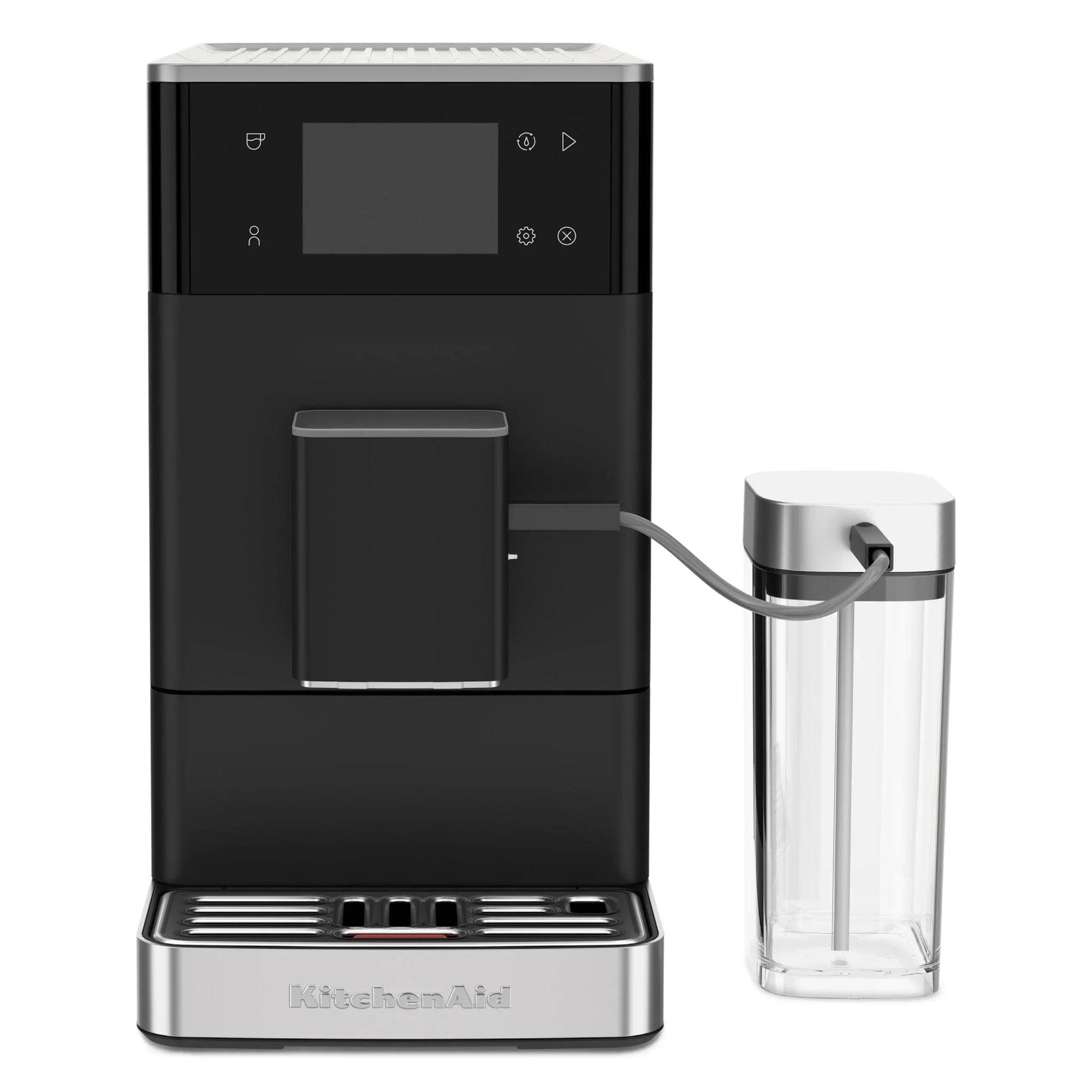 Black coffee machine with a clear carafe on a white background