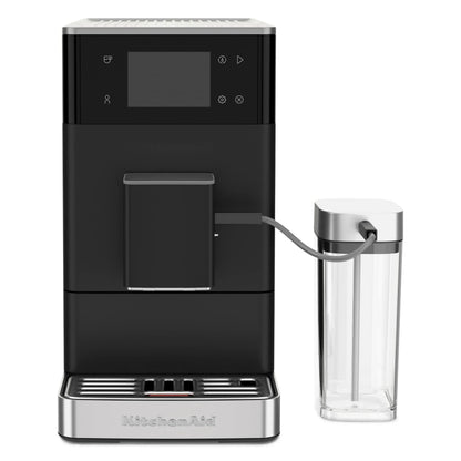 Black coffee machine with a clear carafe on a white background
