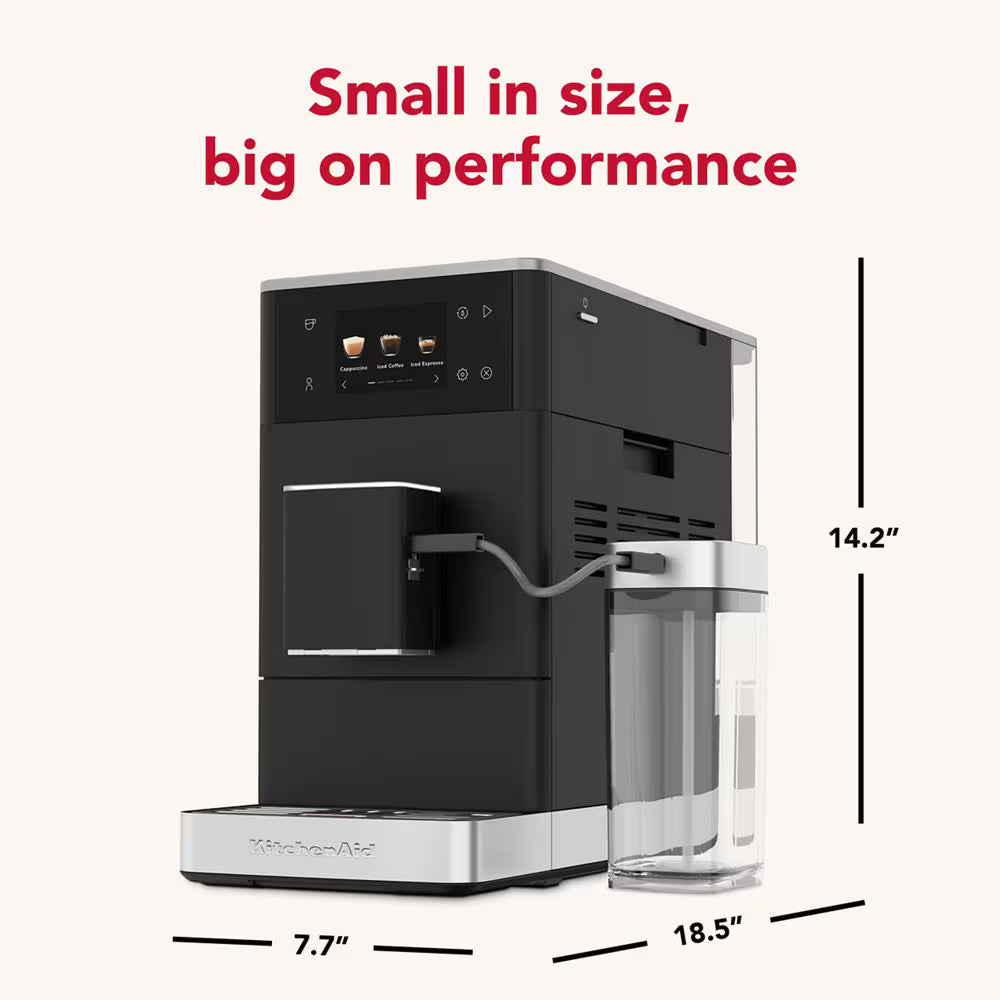Black and silver coffee machine with dimensions labeled on a white background