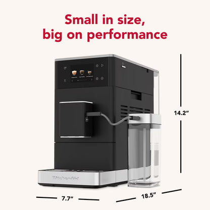 Black and silver coffee machine with dimensions labeled on a white background