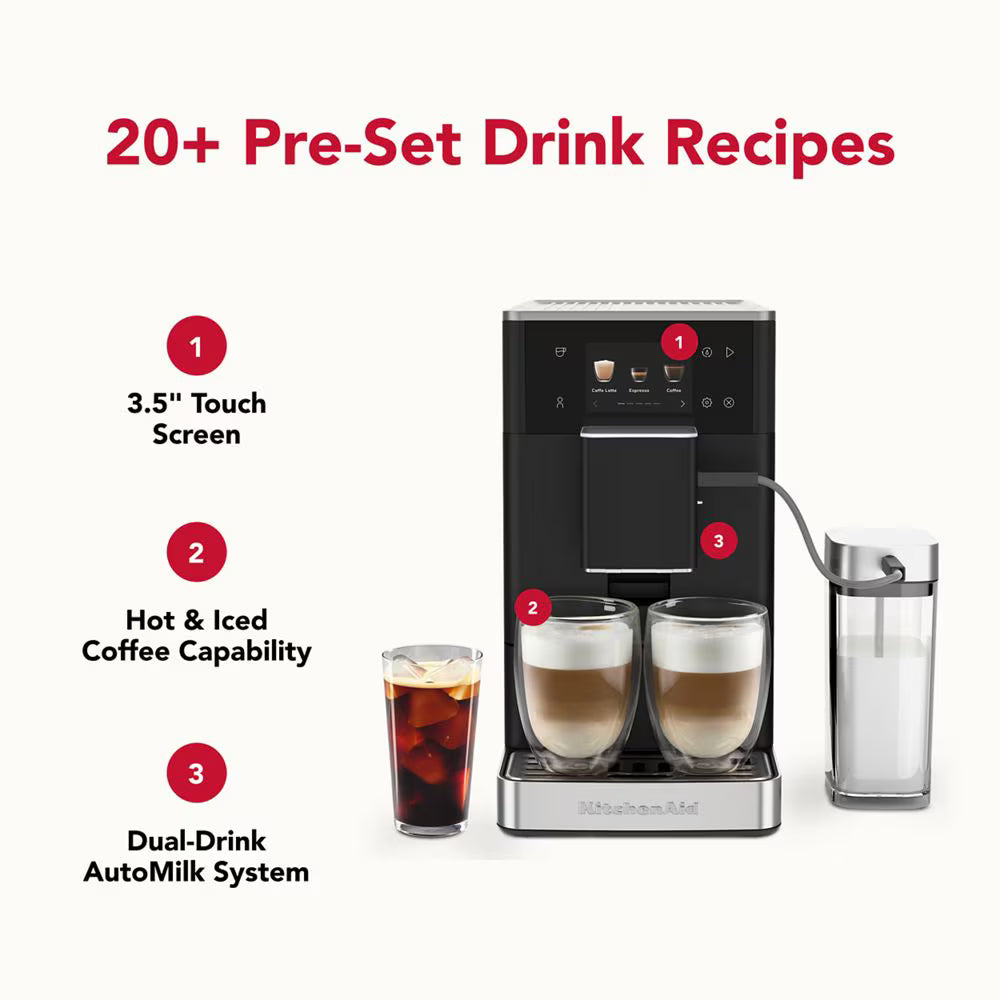Coffee machine with features highlighted on a white background