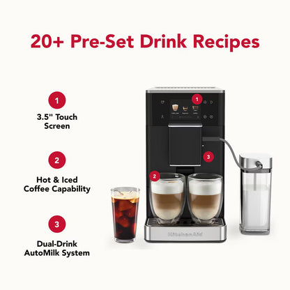 Coffee machine with features highlighted on a white background