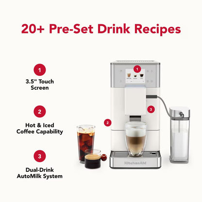 Coffee machine with features highlighted on a white background