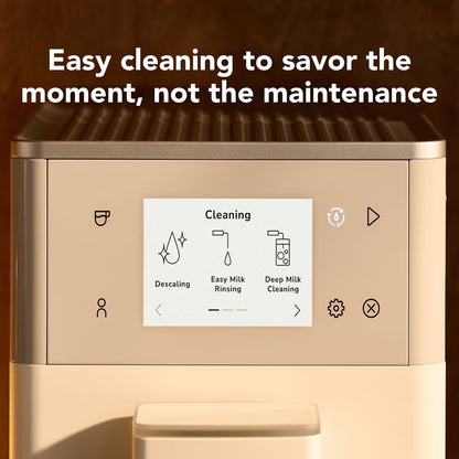 Close-up of a cream-colored appliance front panel with a digital display showing cleaning options, overlaid with the text 'Easy cleaning to savor the moment, not the maintenance' on a warm brown background.