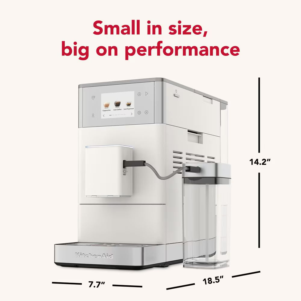 A white and silver coffee machine with a clear water tank, shown with dimension lines and text reading 'Small in size, big on performance' and measurements 14.2 inches, 7.