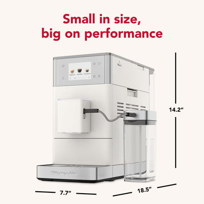 A white and silver coffee machine with a clear water tank, shown with dimension lines and text reading 'Small in size, big on performance' and measurements 14.2 inches, 7.