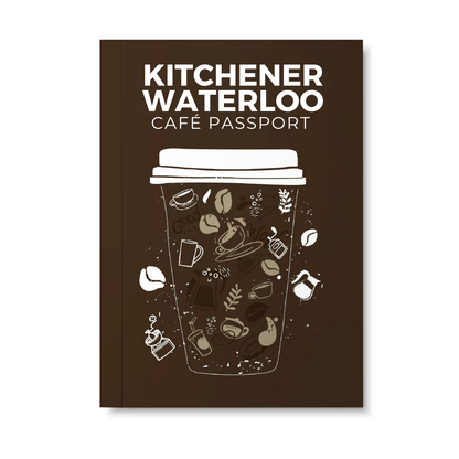 Kitchener Waterloo Café Passport with coffee cup illustration on a brown background