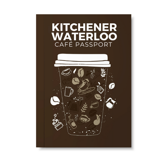 Kitchener Waterloo Café Passport with coffee cup illustration on a brown background
