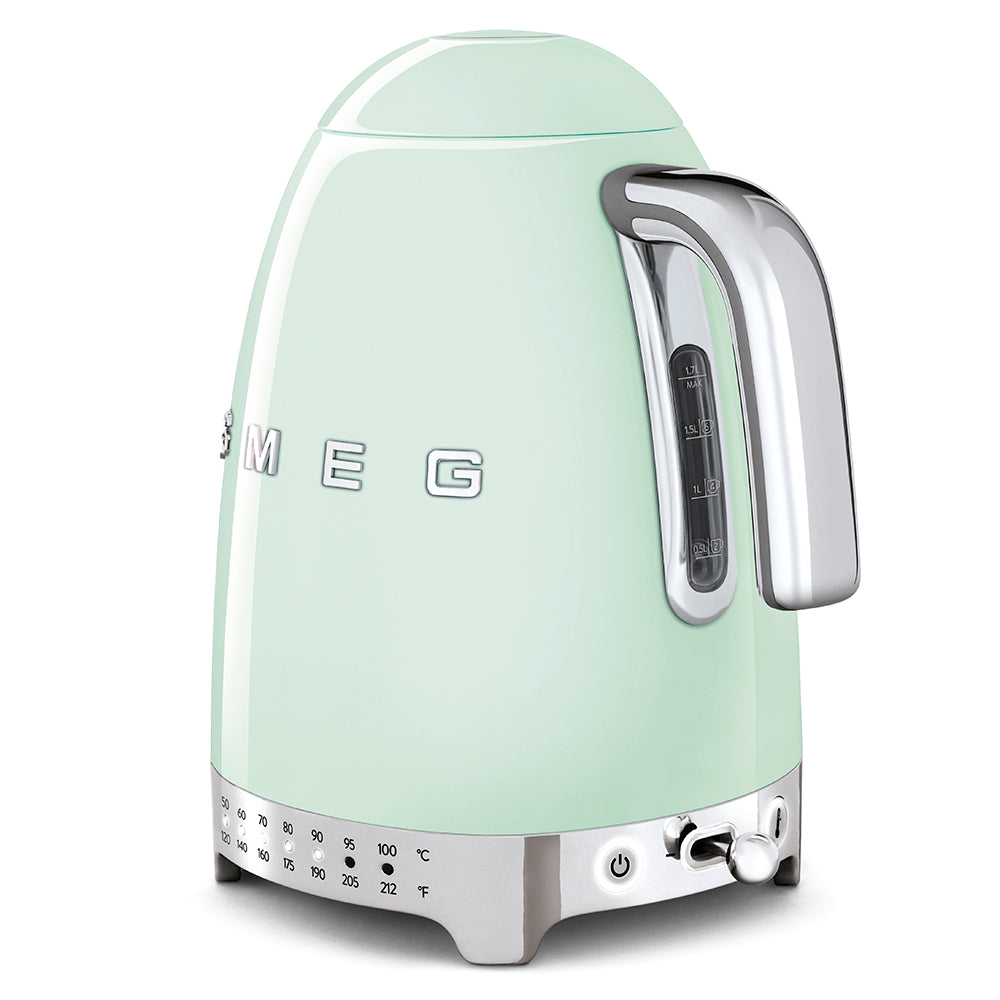 smeg Mint green electric kettle with silver accents on a white background