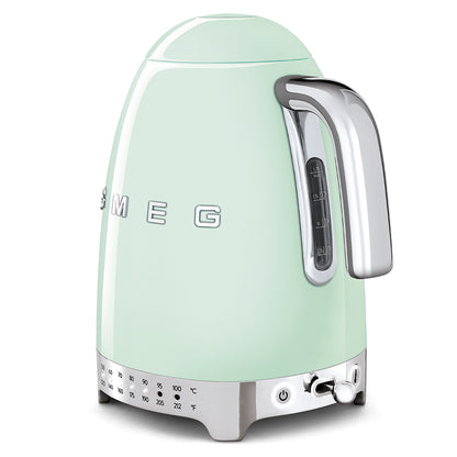 smeg Mint green electric kettle with silver accents on a white background