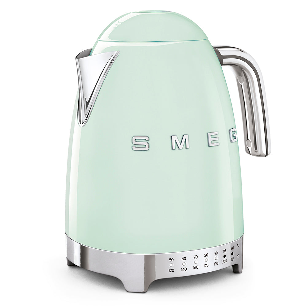 Pastel green kettle with 'SMEG' branding on a white background