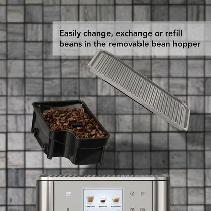 A coffee machine with a removable bean hopper shown with a black container filled with coffee beans and a gray ribbed lid, overlaid with the text 'Easily change, exchange or refill beans in the removable bean hopper' against a gray tiled background.