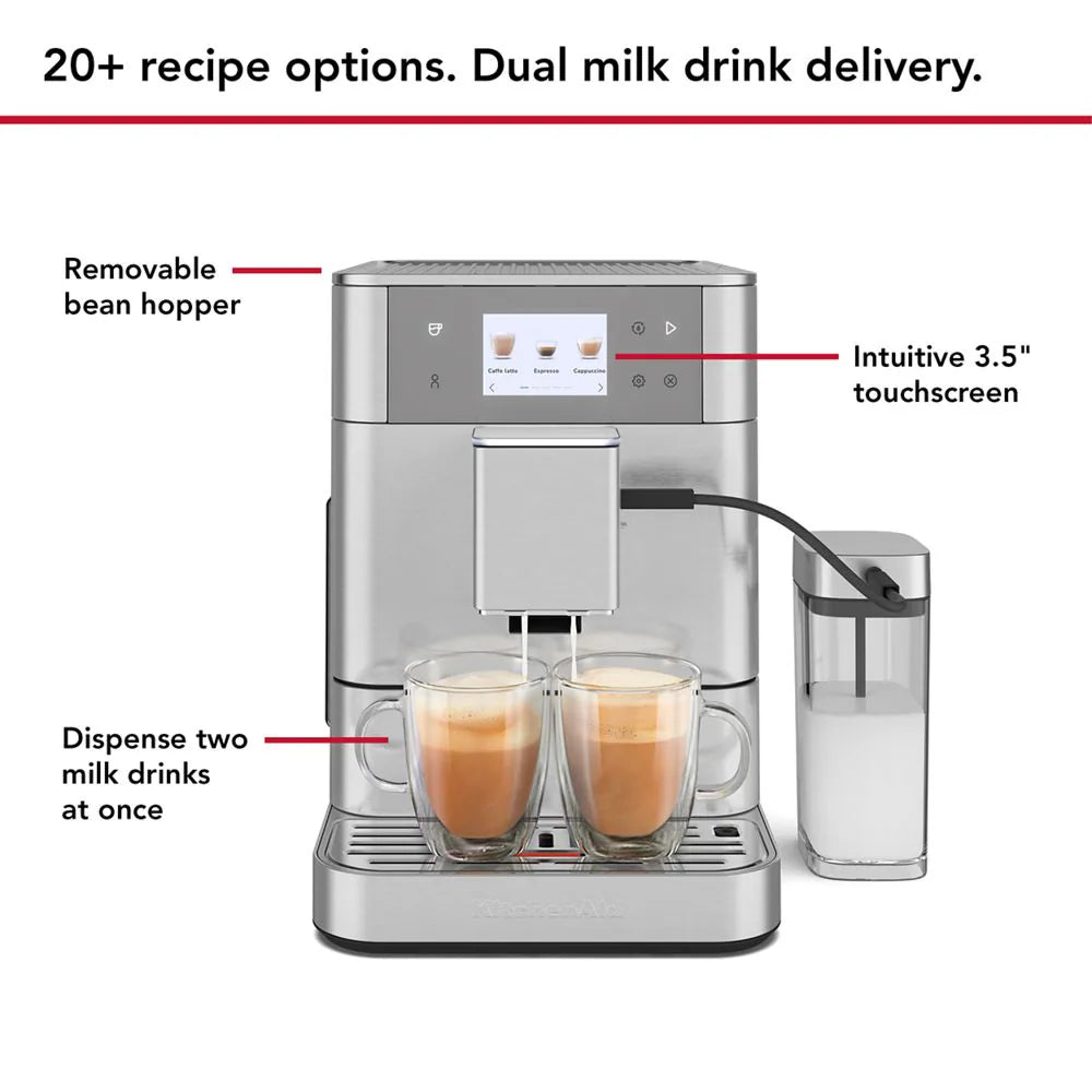 Coffee machine with features highlighted on a white background