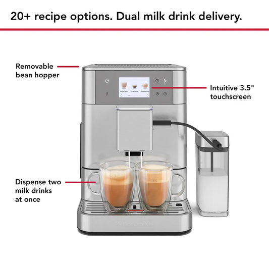 Coffee machine with features highlighted on a white background