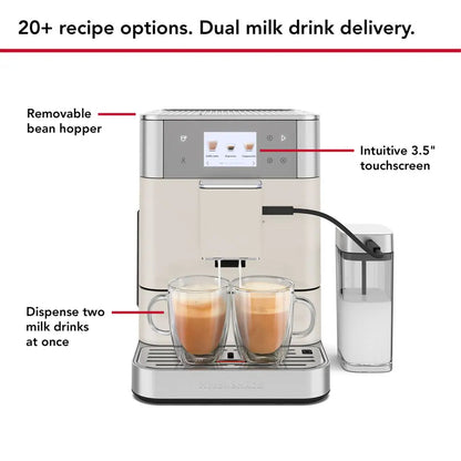 Coffee machine with features highlighted on a white background