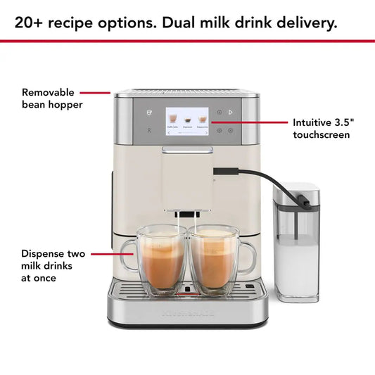 Coffee machine with features highlighted on a white background