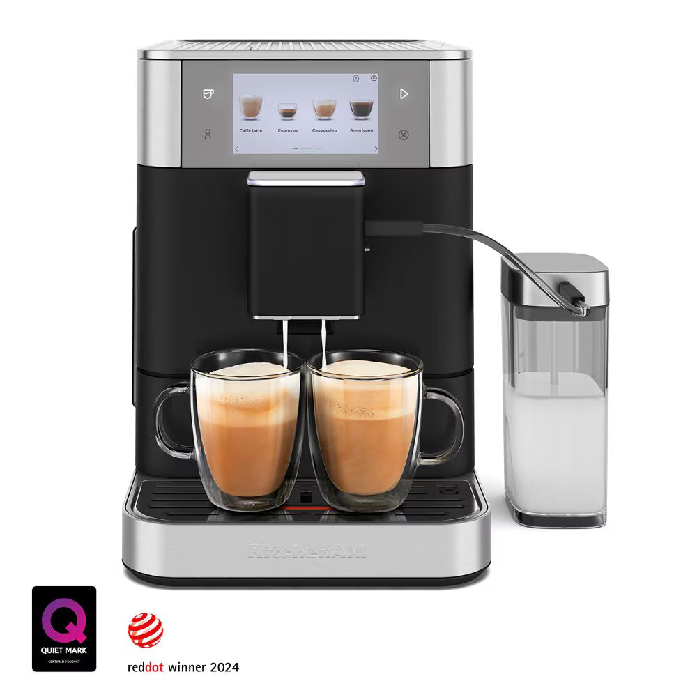 Modern coffee machine with two cups of coffee and a milk container on a white background