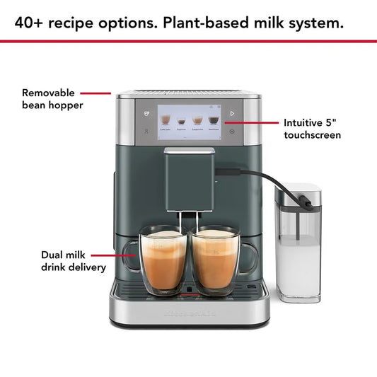 Coffee machine with features highlighted on a white background