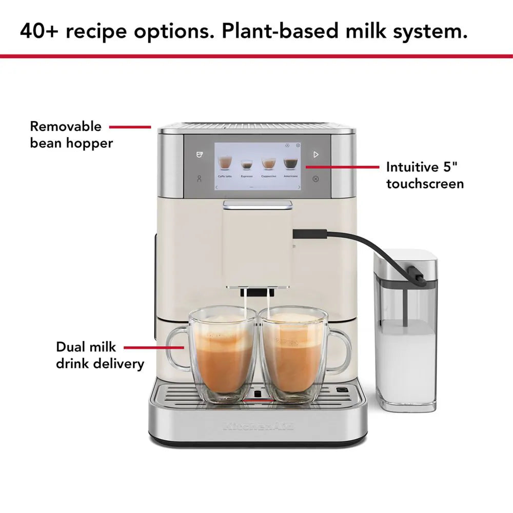 Coffee machine with features highlighted on a white background