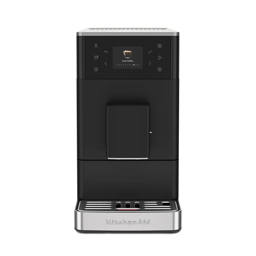 A KitchenAid automatic coffee machine in black and silver, shown from a front-facing perspective on a solid white background.