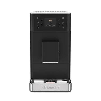 A KitchenAid automatic coffee machine in black and silver, shown from a front-facing perspective on a solid white background.
