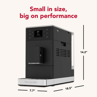 Black and silver coffee machine with dimensions labeled on a white background