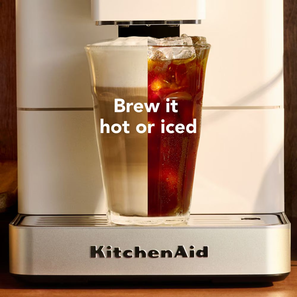 KitchenAid coffee maker with a glass of iced coffee and hot coffee, with text 'Brew it hot or iced'.