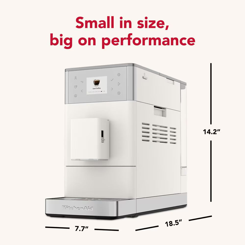 A white and silver coffee machine shown on a light beige background with red text reading 'Small in size, big on performance' and black dimension lines indicating 14.2 inches tall, 7.