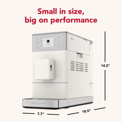 A white and silver coffee machine shown on a light beige background with red text reading 'Small in size, big on performance' and black dimension lines indicating 14.2 inches tall, 7.