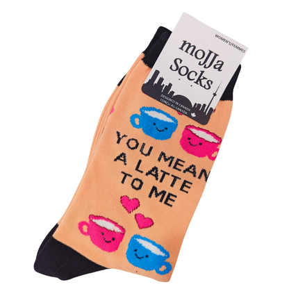 Pair of moJJa Socks with coffee cup design and text on a white background