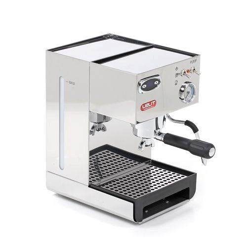 Stainless steel espresso machine with visible Lelit brand logo on a white background