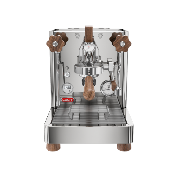 Espresso machine with wooden components on a white background