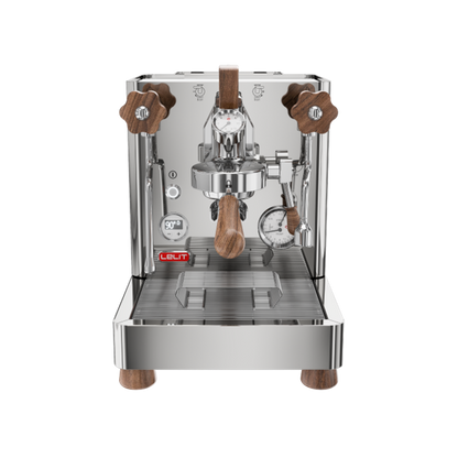 Espresso machine with wooden components on a white background