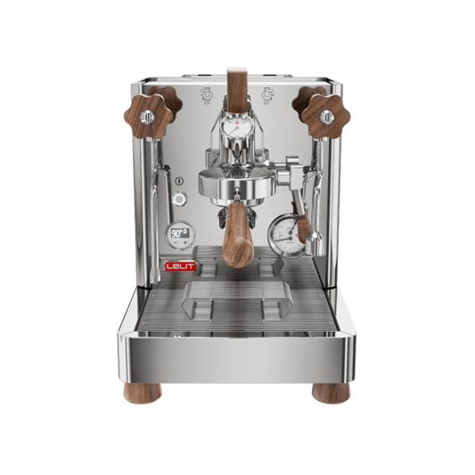 Espresso machine with wooden components on a white background