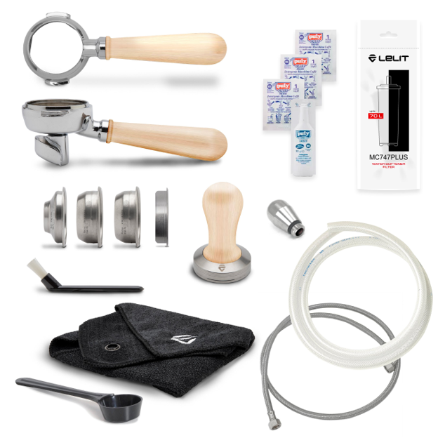 Collection of coffee brewing tools and accessories on a white background