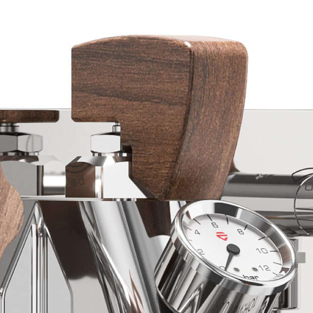 Close-up of a coffee press with wooden handle and pressure gauge on a white background