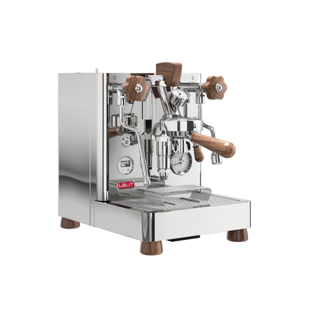 Lelit espresso machine with wooden handles on a white background