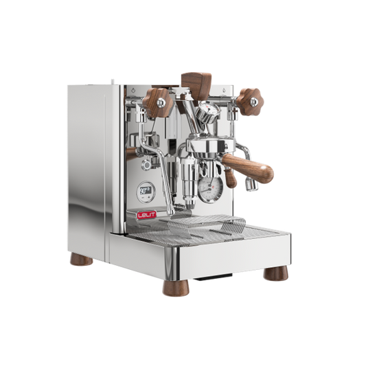 Lelit espresso machine with wooden handles on a white background