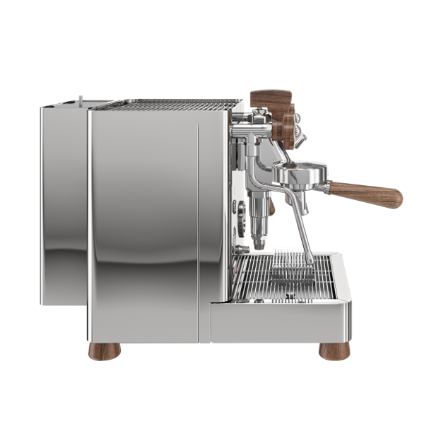 Stainless steel espresso machine with wooden handle and base on a white background