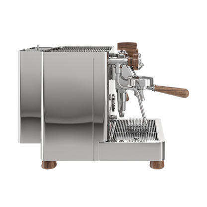 Stainless steel espresso machine with wooden handle and base on a white background