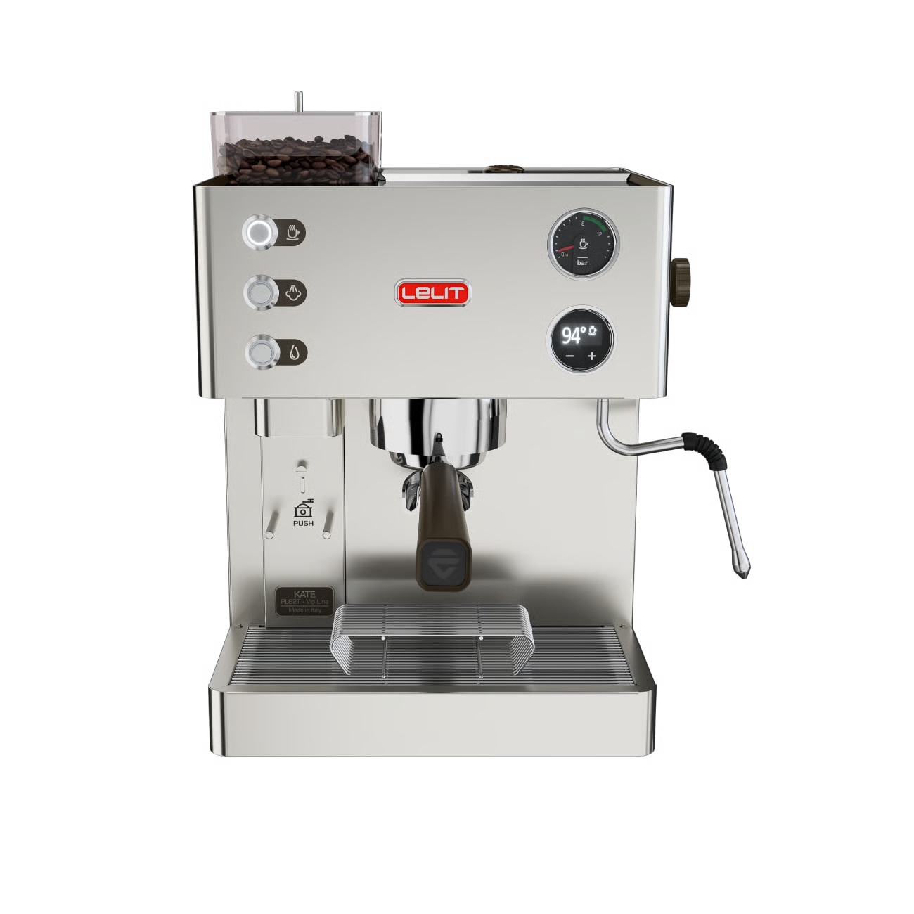 Silver espresso machine with Lelit branding on a transparent background