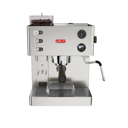 Silver espresso machine with Lelit branding on a transparent background