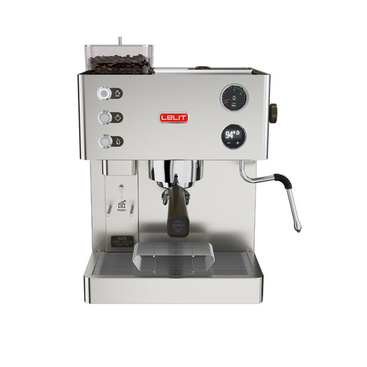Silver espresso machine with Lelit branding on a transparent background