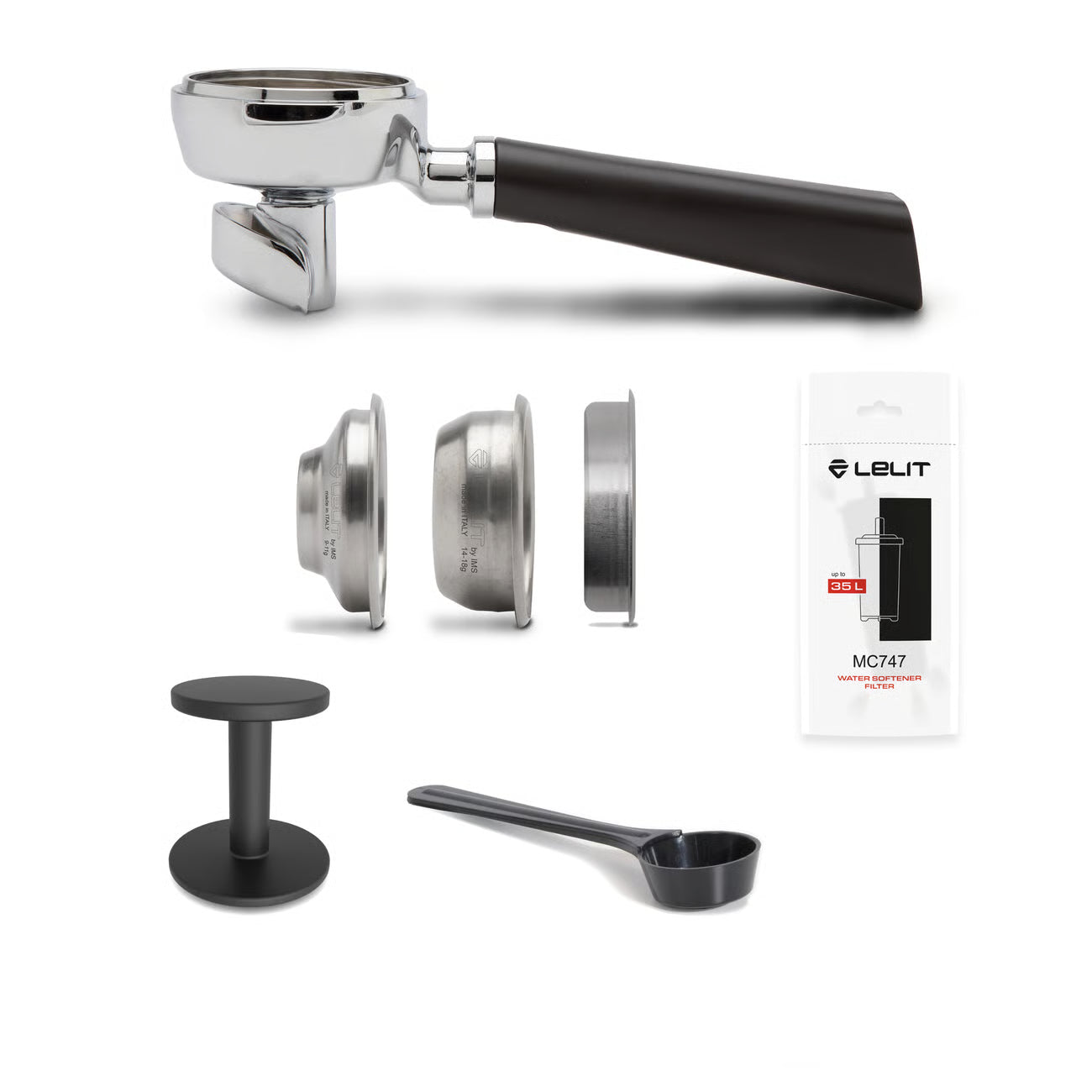 Coffee brewing components including a portafilter, group head, and scoop with Lelit branding.